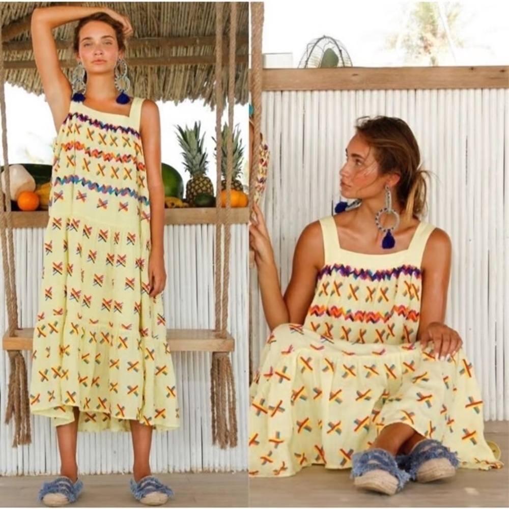 All Thing Mochi Remi Embroidered Rainbow Linen Midi Dress XS Yellow‎ Sundress
